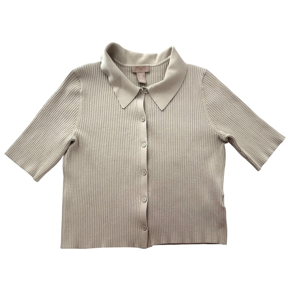 H&M Khaki Tan Ribbed Button Front Short Sleeve Cropped Knit Top Women's Medium - Picture 9 of 10